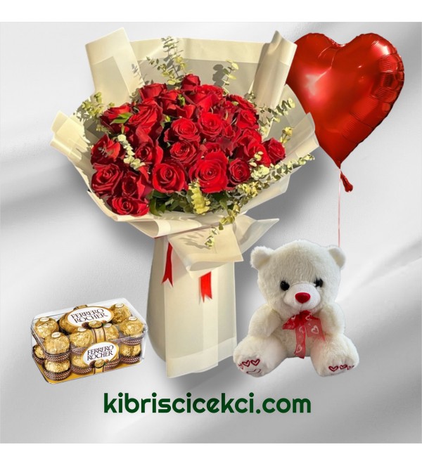 30 Kırmızı Gül Buketi 16'lı Ferrero Çikolata Ayıcık Kalp Helyum Balon